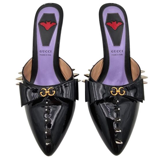 Gucci GG Bow Sadie Mid Heel Mule Spike Black Patent Leather Size 38 US 8 - Picture 4 of 13